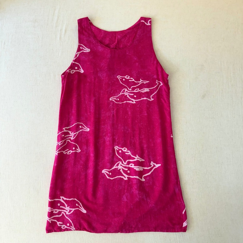 In Gear Dolphin Print Shift Dress Womens Medium Pink Rayon Sleeveless Beach Mini